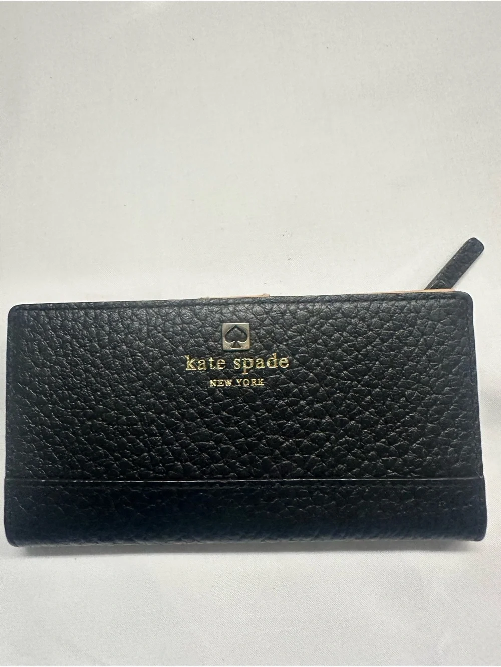 kate spade Black Pebbled Leather Zip Clutch Wallet with Gold Logo